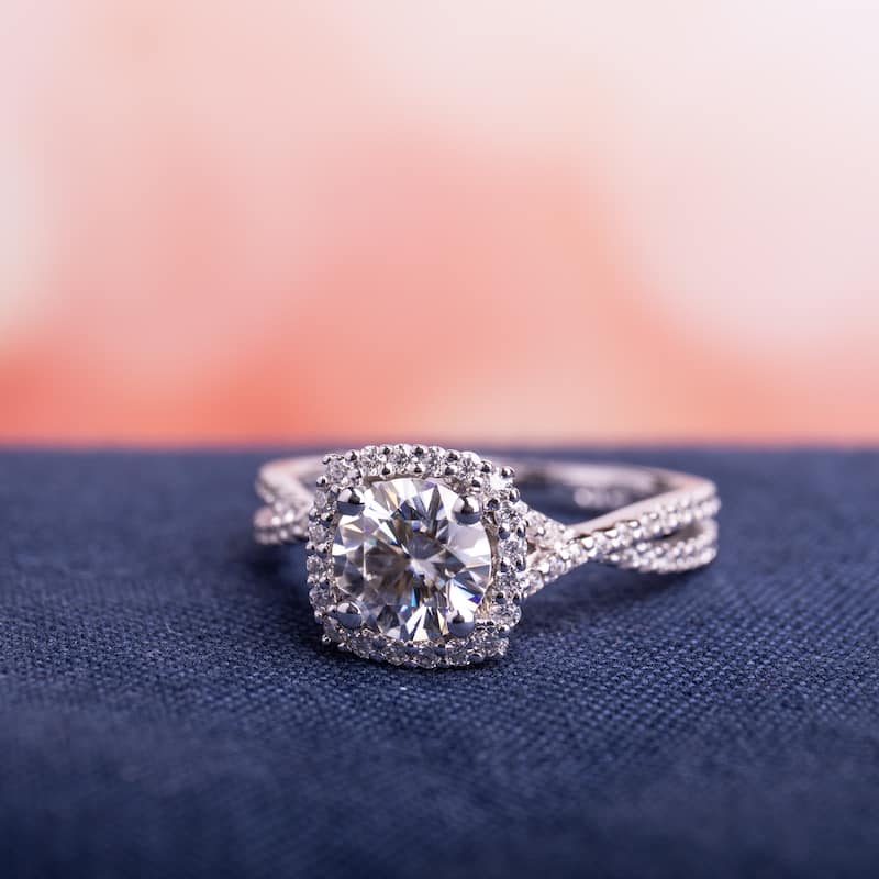 Miadora 1 1/2ct DEW Moissanite Halo Crossover Engagement Ring in 10k White Gold