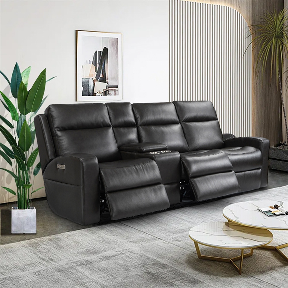 Leather power reclining sofa clearance with adjustable headrest