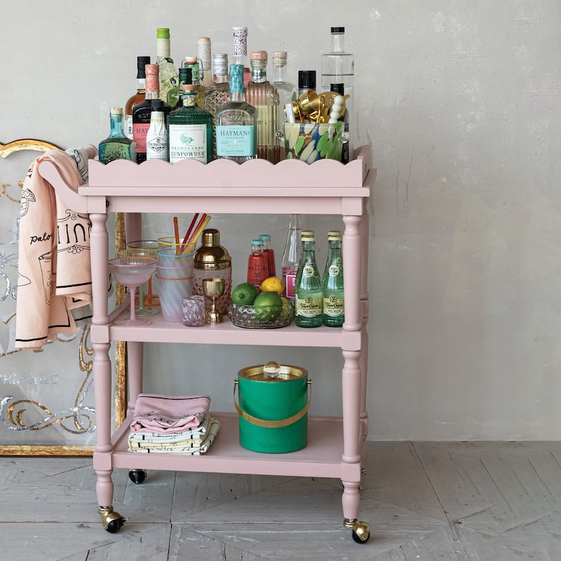 3-Tier Bar Cart on Casters with Removable Scalloped Tray, Pink - 27.3"L x 15.8"W x 31.9"H