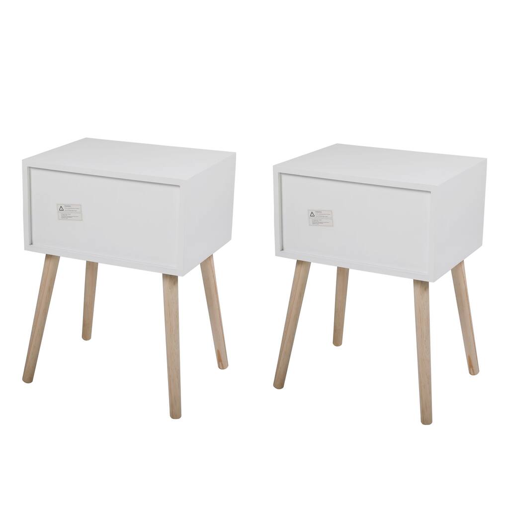 Set of 2 Double Drawer Wooden Handle Bedside Table - white
