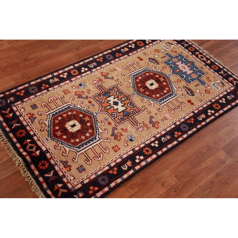 Geometric Khotan Indian Foyer Rug Handmade Wool Carpet - 2'10"x 5'0"