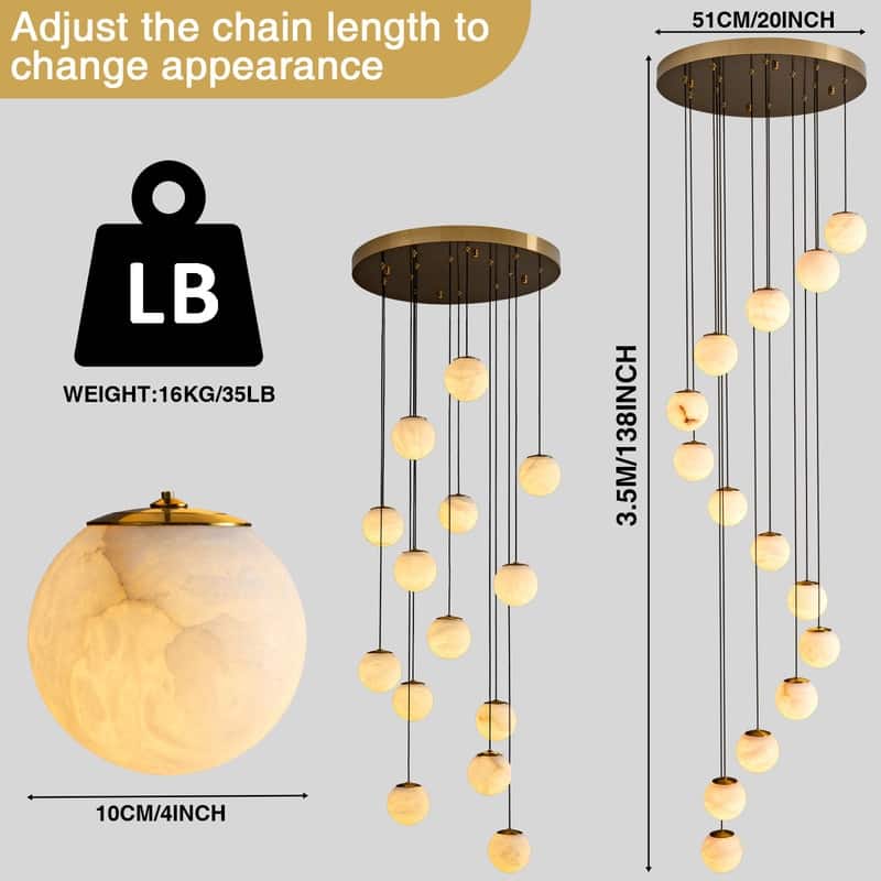 KAYLA Luxury 14-Light Alabaster Globe Chandelier in Vintage Copper Finish, Grand Pendant Light for Stairwells or Foyers - 138in