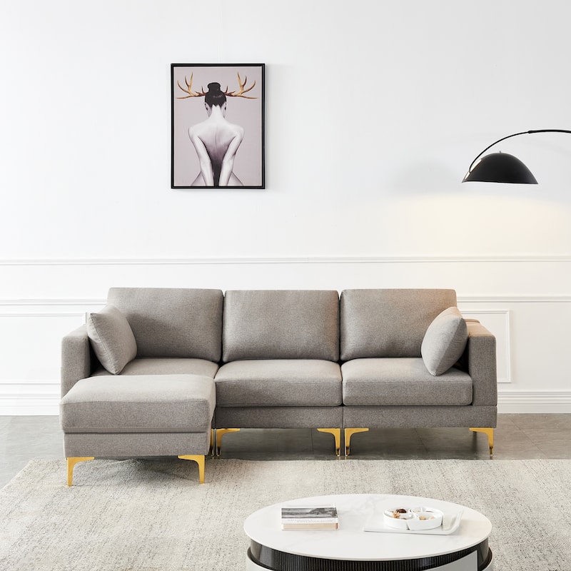 92'' Fabric L-Shape 3-Seater Sofa with Ottoman, Gold Metal Legs, and Toss Pillows