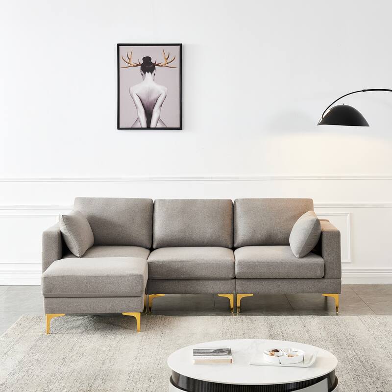 92'' Modern Turquoise L-Shaped 3 Seat Sofa with Ottoman, 2 Pillows, Gold Metal Legs, and Polyester Upholstery