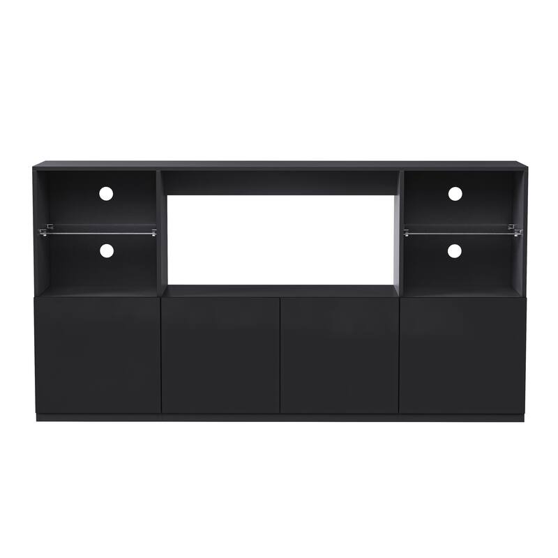 Modern High-Gloss TV Stand for TVs up to 75" with LED Lights, Large Storage Cabinet and Tempered Glass Shelves, Black