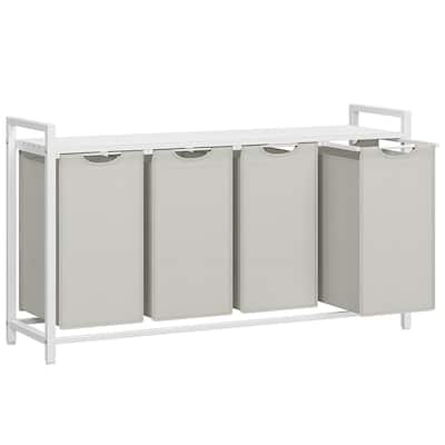 4-Section Laundry Hamper with Removable Liners Shelf for Detergents and Ventilated Slatted Design - 45.7"L x 13"W x 28.4"H