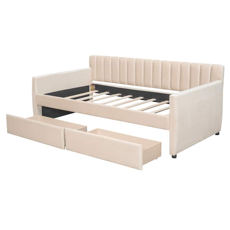Twin Velvet Daybed with Trundle & Wood Slats