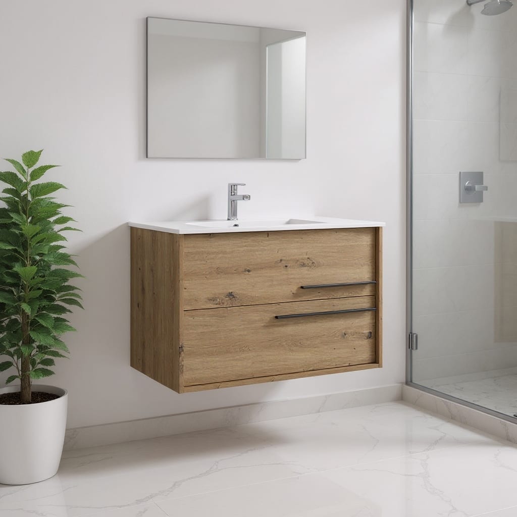 HomeRoots 40" Natural Wood Floating Bathroom Vanity With White Sink And Two Drawers - 40.00 in. x 24.60 in. x 21.60 in.