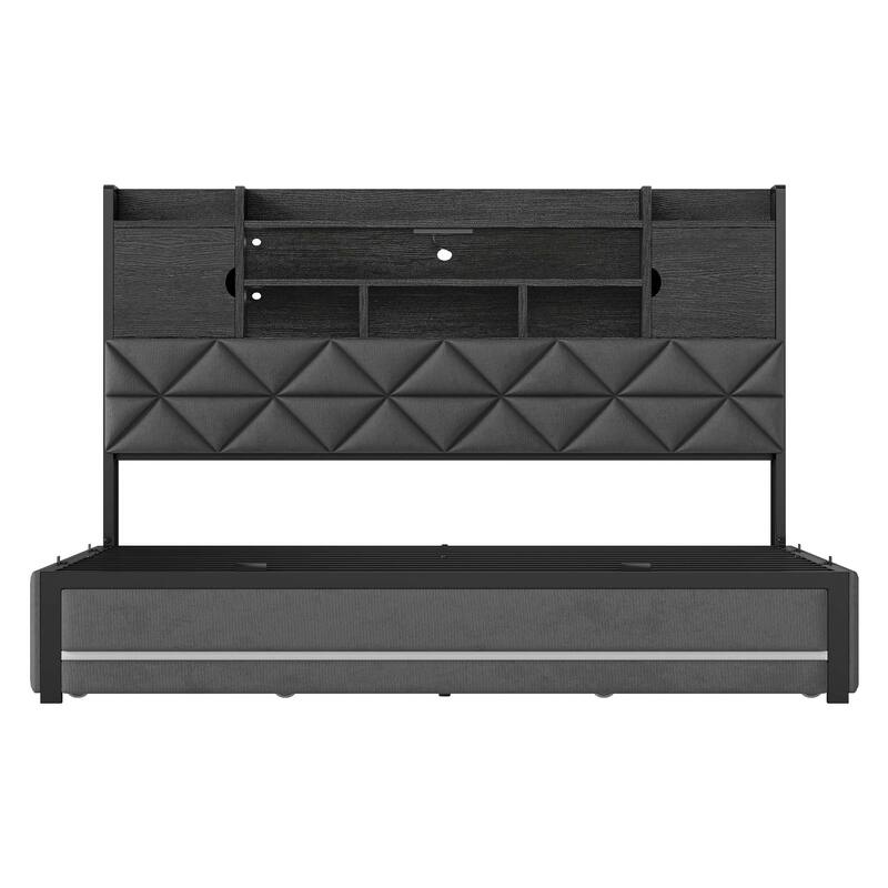 Velvet Upholstery Bed Frame With 4 Underbed Storage Drawer, LED Lights And Charging Station