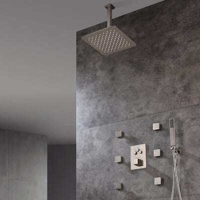 12" LED Ceiling Rainfall Shower 3 Way Thermostatic Faucet System w/ 6 Body Jets