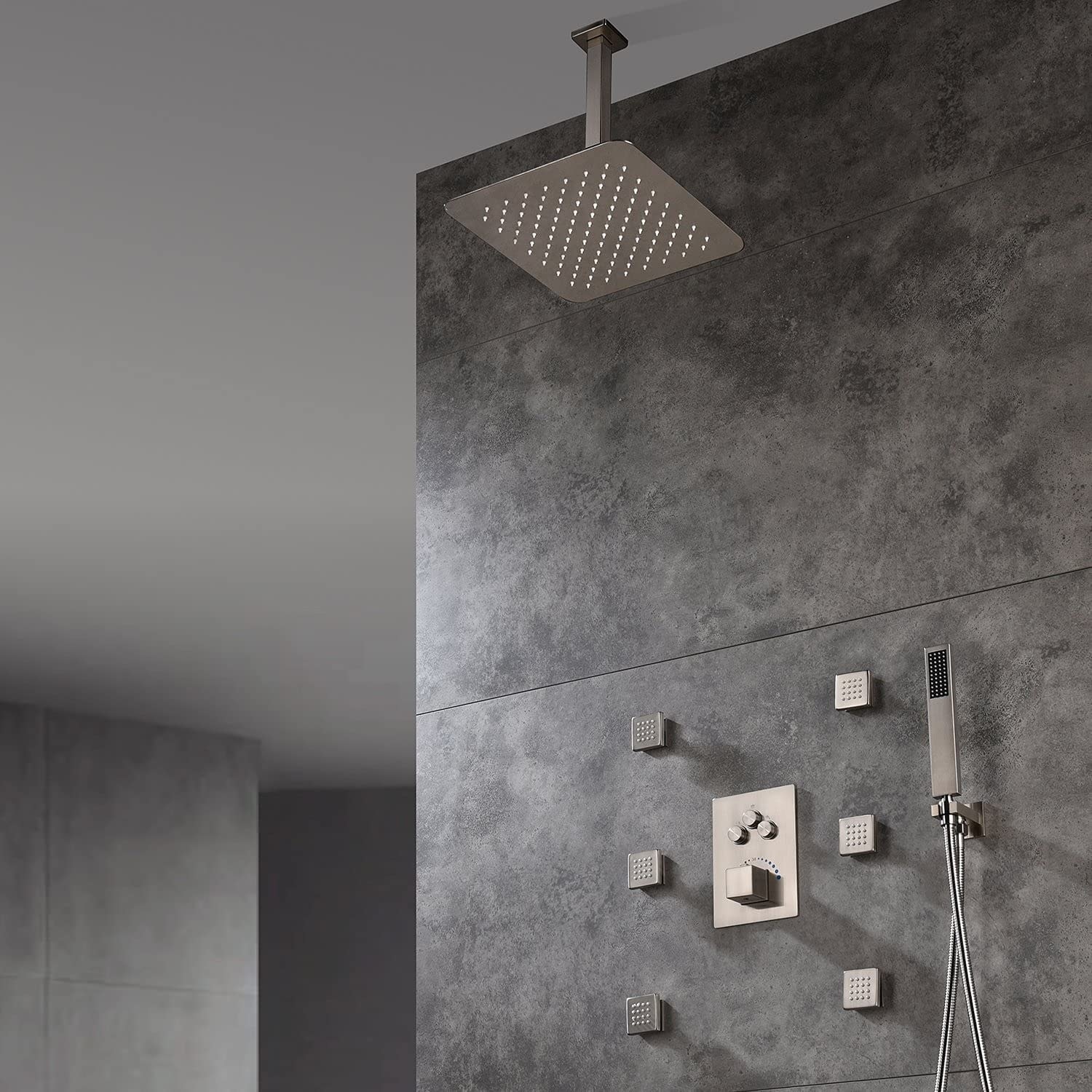 12" LED Ceiling Rainfall Shower 3 Way Thermostatic Faucet System w/ 6 Body Jets
