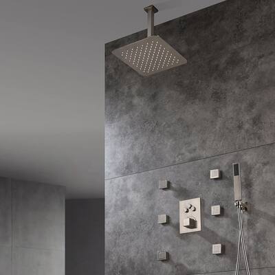 16" LED Ceiling Rainfall Shower 3 Way Thermostatic Faucet System w/6 Jets