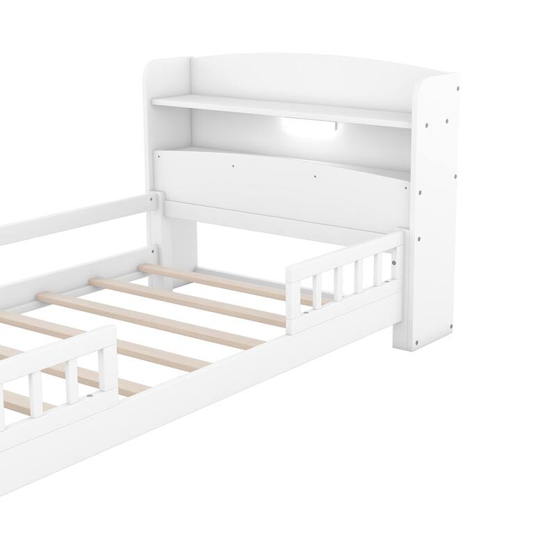Wooden Platform Bed with Built-in LED Light & Storage Headboard, Solid Wood Platform Bedframe with Fence, No Box Spring Needed