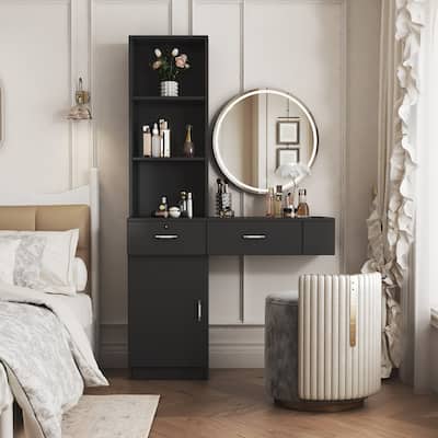 Modern Hair Desk with Multi-Layer Storage, Large Cabinet, 2-Drawers, & 3 Tool Holes for Bedroom, Salon or Bathroom, Black