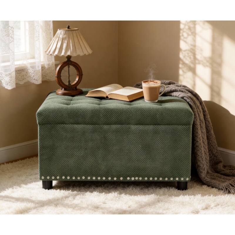 Square Tufted Upholstered Storage Ottoman with Nailhead Trim
