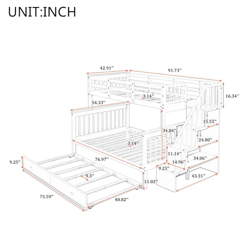 Stairway Bunk Bed with Trundle, Storage and Guard Rail