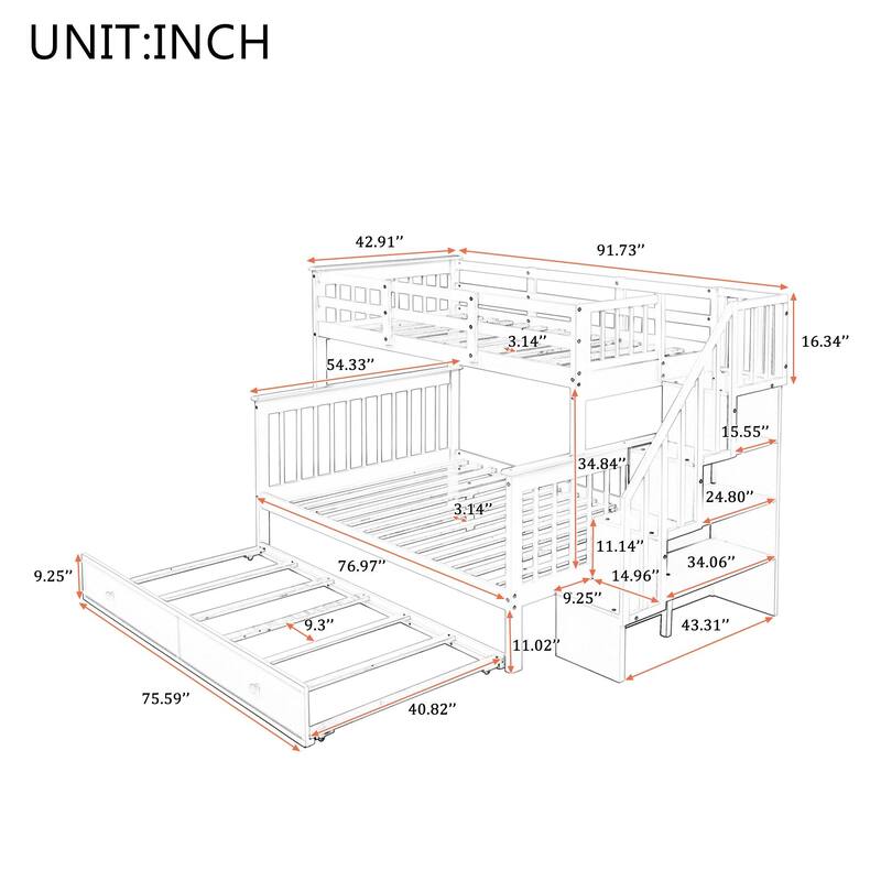 Twin-Over-Full Bunk Bed with Twin size Trundle, Storage and Guard Rail