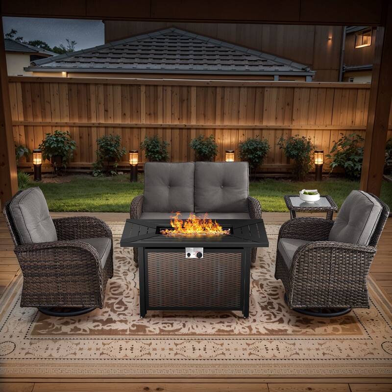 Gymojoy Outdoor Fire Pit Conversation Set, Loveseat Glider Sofa & Chairs - Patio Furniture Set - 5-Piece included Swivel Chairs - Grey