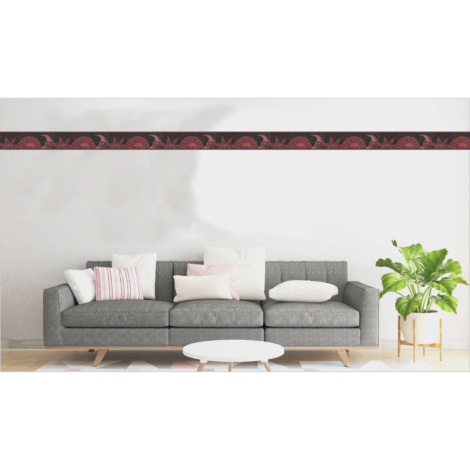 Maroon, Black Sun, Moon Peel and Stick Wallpaper Border 15 ft X 7 in