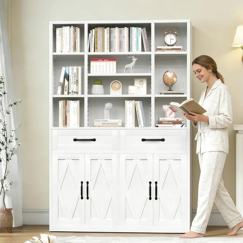 71" Tall Bookcase with Doors, Drawers and Adjustable Open Shelves