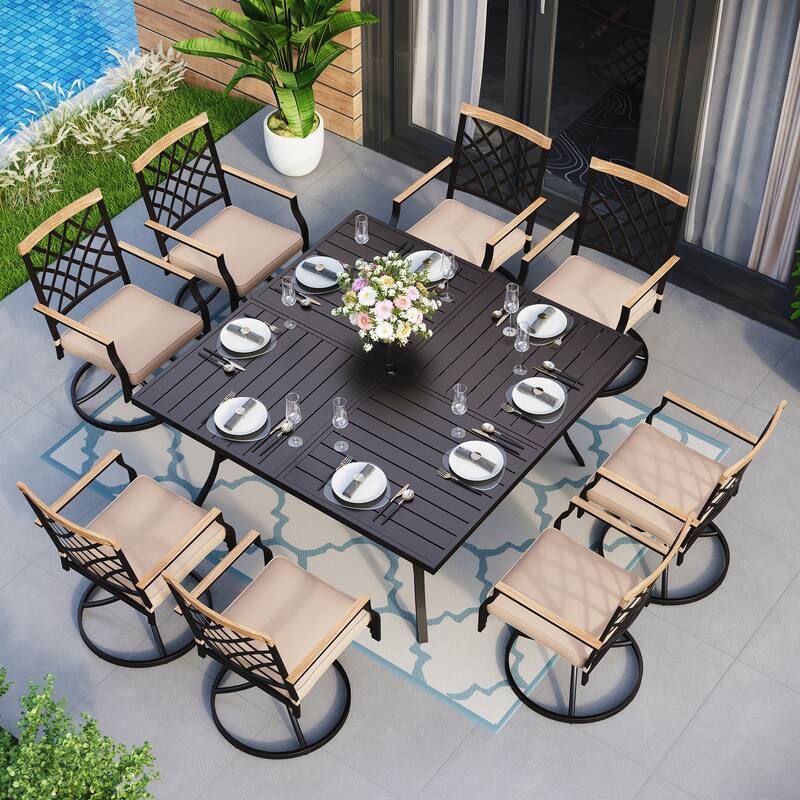 MAISON ARTS 9-Piece Patio Dining Set, 60 Inch Square Metal Table with 8 Swivel Dining Chairs