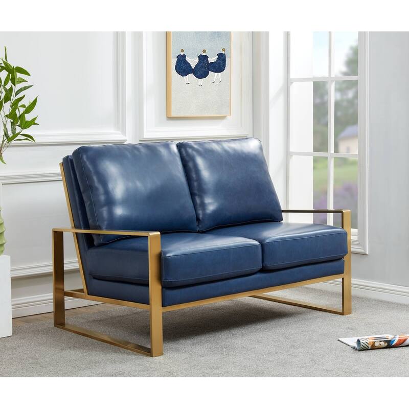 Jefferson Modern Leather/Velvet Loveseat Sofa with Silver/Gold Frame, Removable Cushions Couch for Home and Office