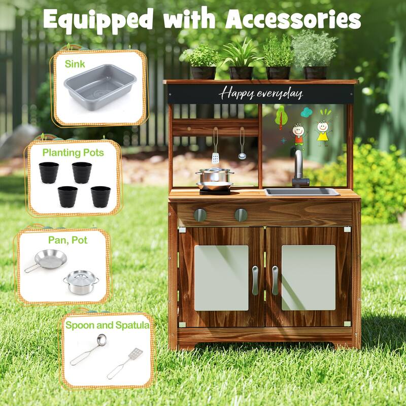 Brown Fir Wood Outdoor Play Kitchen with Sink, Pots, Blackboard and DIY Board - 27" L × 14" W × 38" H