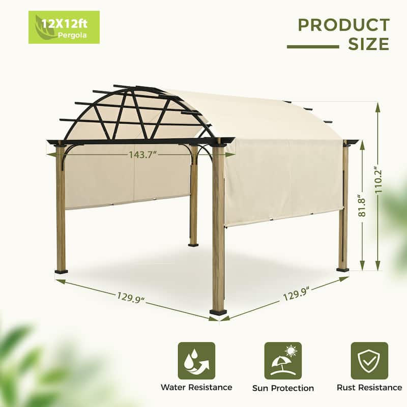 12 ft. x 12 ft. Wood Grain Aluminum Outdoor Pergola with Arched Canopy and Beige Retractable Shade