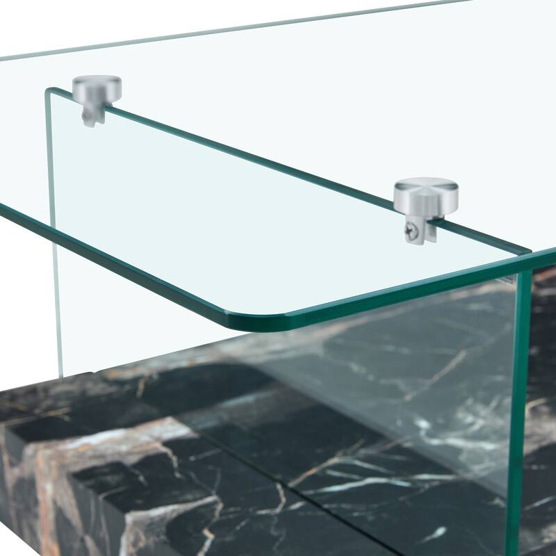Roomfitters 43.3" Two-Tier Glass Coffee Table with Light Wood Shelf, Side Table or Display Stand