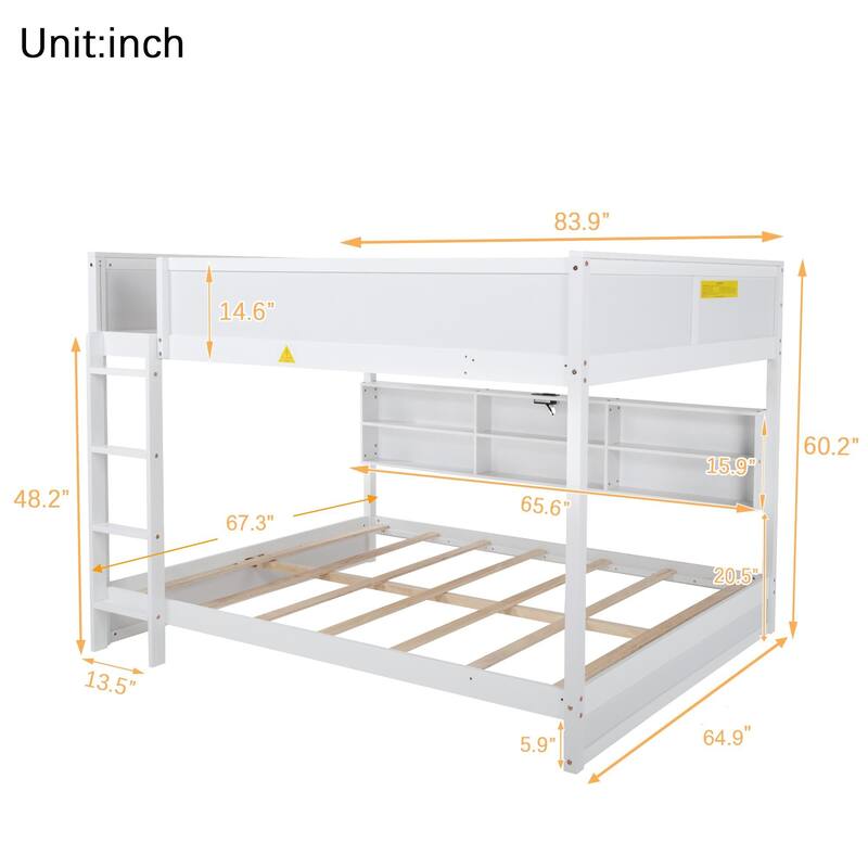 Roomfitters Queen Over Queen Bunk Bed with Storage Cabinets and Charging Station, Solid Pine Wood Bunk Bed