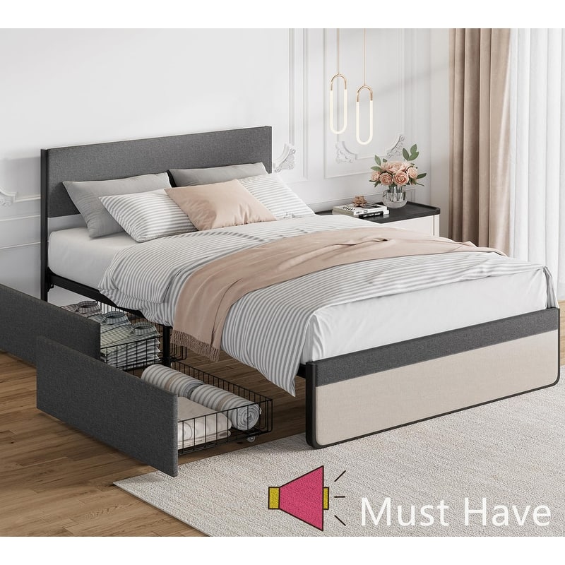 Upholstered Bed Frame with 2 Storage Drawers