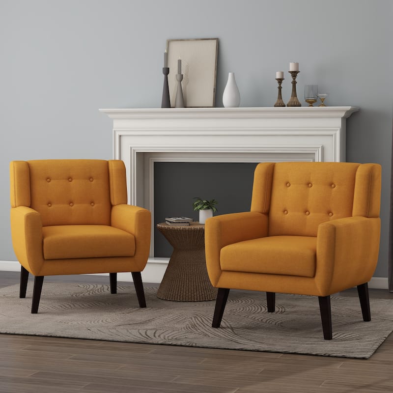 Modern Upholstered Faux Leather Tufted Armchair Linen Accent Chairs - Set of 2 Chairs - Orange/Linen