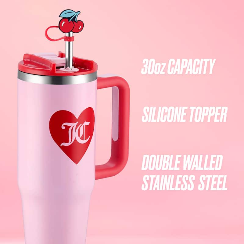 Juicy Couture Jetsetter Hydration Stainless Steel Tumbler with Handle and Straw With Topper