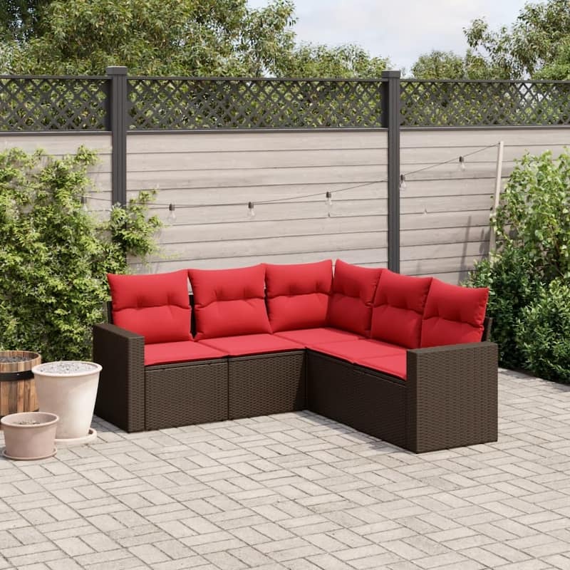 vidaXL Patio Sofa Set with Cushions Outdoor Conversation Furniture Poly Rattan - 25.8" x 24.4" x 27.2" - Brown and red without table