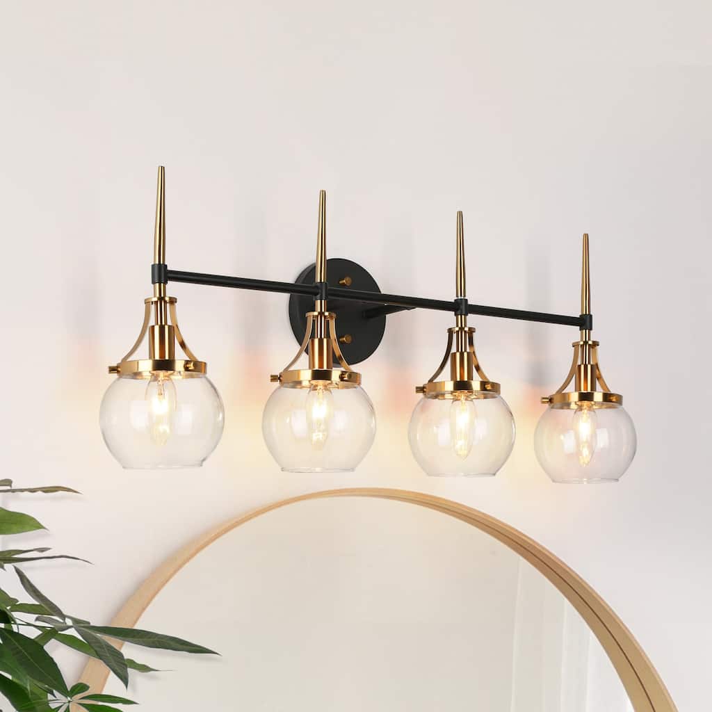 Beta Modern 4-Light Bathroom Vanity Lights Black Gold Glass Wall Sconces - 28.5''L x 7''W x 12.5''H