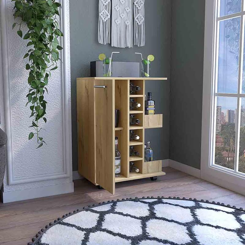 Bar Cart, Four Casters, Six Wine Cubbies, Single Door Cabinet
