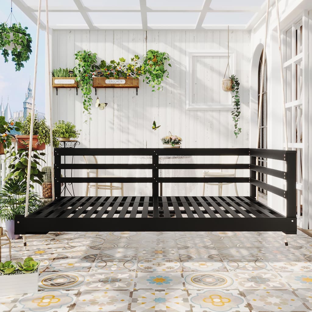 Country Patio Wooden Twin Size Swing Daybed with 4pcs 96-inch Hemp Ropes for Backyard and Garden