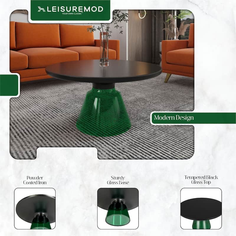 30-Inch Round Coffee Table Glass/Stone Tabletop with Black Iron Rim Frame Glass Pedestal Base