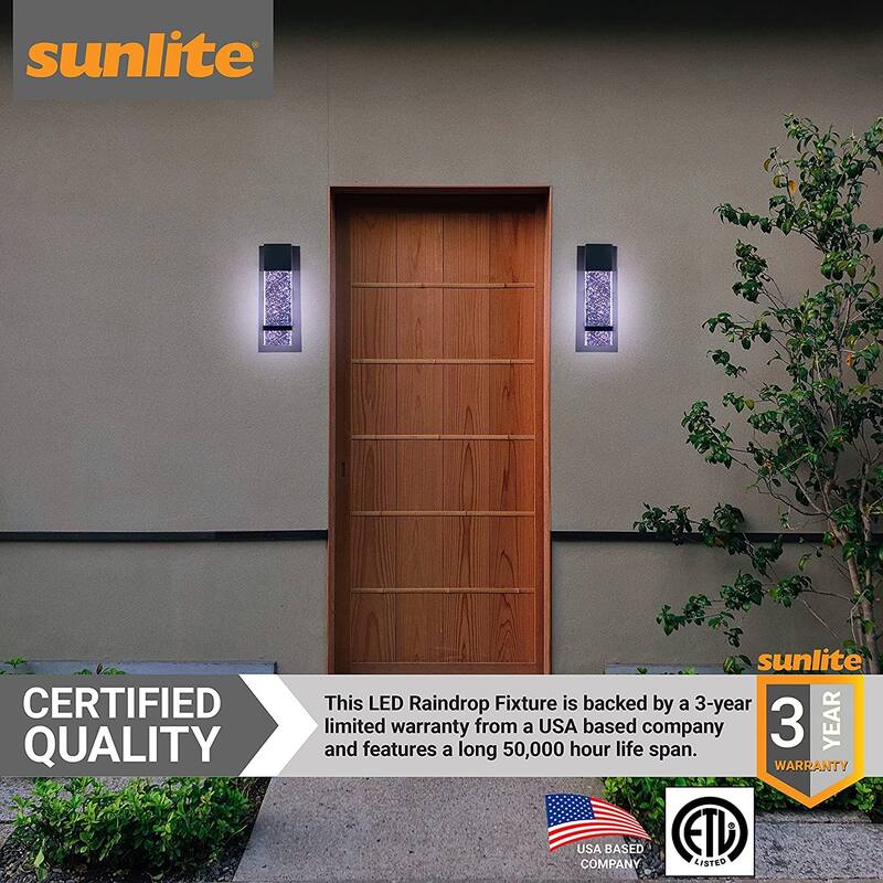 Sunlite 6.5 in. Wide Black LED Warm White (3000K) Modern Indoor Outdoor Wall Sconce with Rain Glass Panel