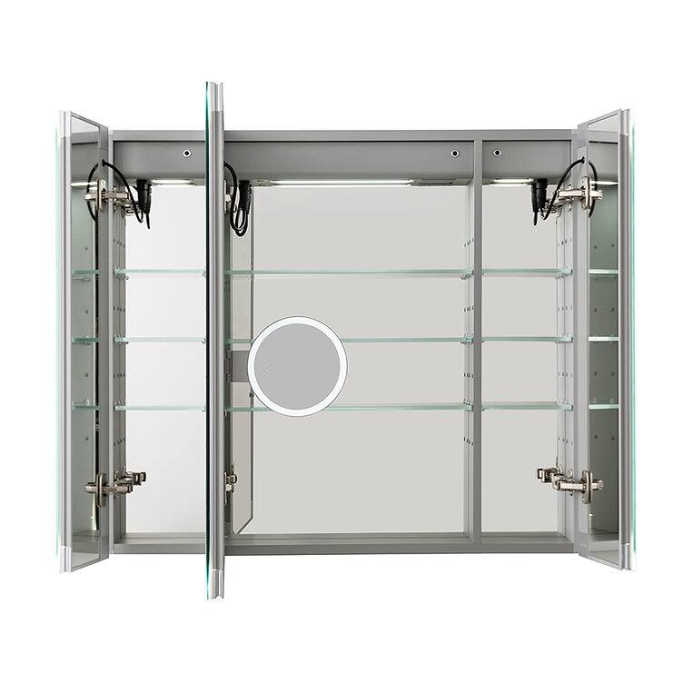 AQUADOM Edge Royale 36W Bathroom Led Lighted Medicine Cabinet Defogger, 3X LED Adjustable Magnifying Mirror, Electrical Outlets