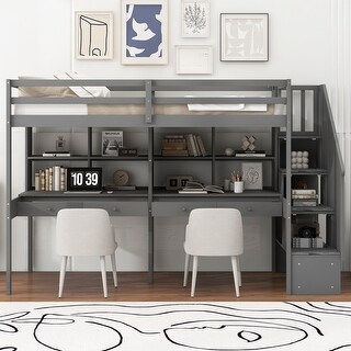 Twin Loft Bed with Staircase,with Double Desk&Shelves,Unique Loft Bed