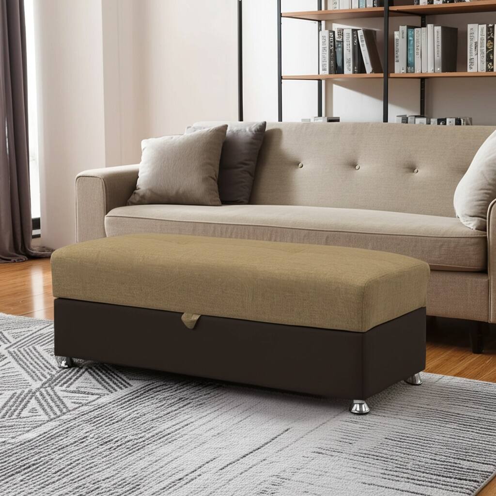 HomeRoots 54" Camel Espresso and Silver Chenille And Faux Leather Tufted Storage Ottoman
