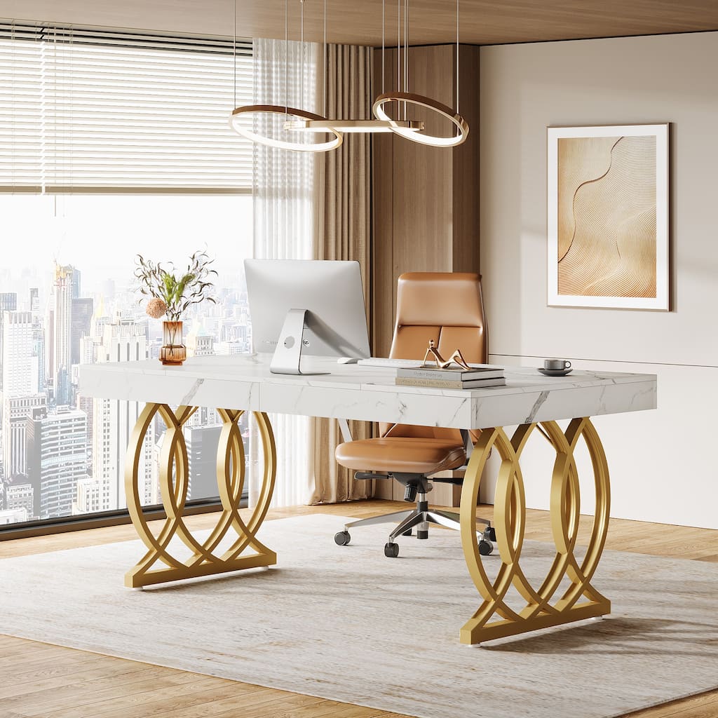 63'' Executive Desk, Modern Office Desk White and Gold Computer Desk