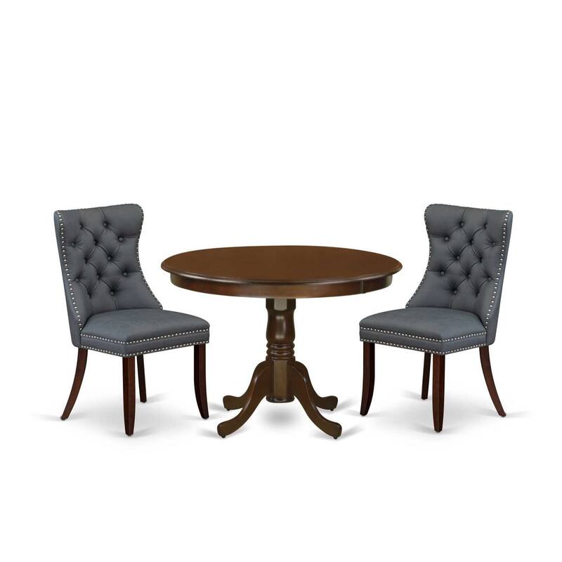 3-Piece Mahogany Finish Solid Wood Top-Round Upholstered Dining Room Set-Seats 4