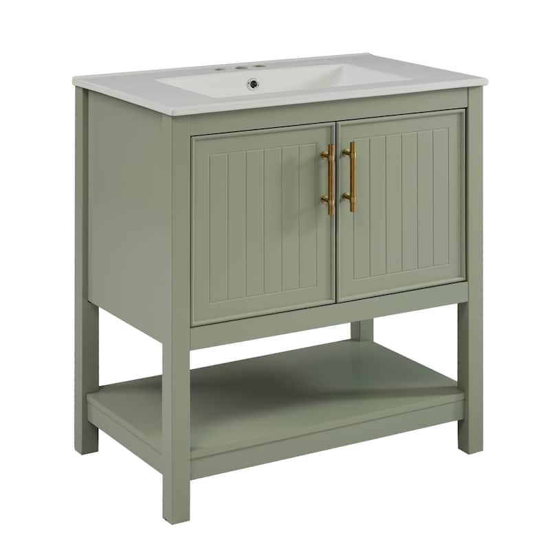 30-Inch Bathroom Vanity with Ceramic Sink, Gold Handles & Storage Shelves - Elegant Space-Saving Design