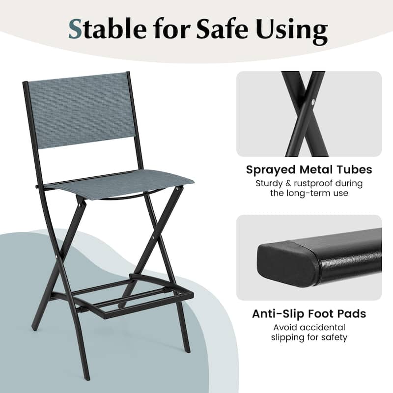 28 Inch Set of 2 Folding Bar Stools with Metal Frame and Footrest for Patio Balcony or Garden Use - 18" x 22.5" x 40"