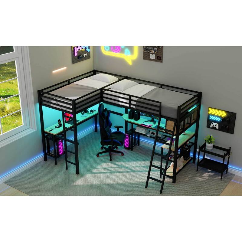 Roomfitters Metal Twin L-Shaped Loft Bed with 2 Desks, LED Lights and Charging Station, Black