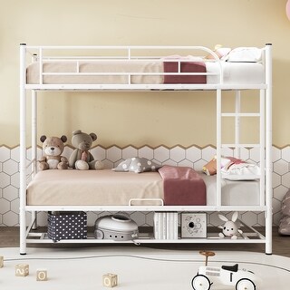 Convertible Metal Twin Bunk Bed with Storage Shelf, Space-Saving