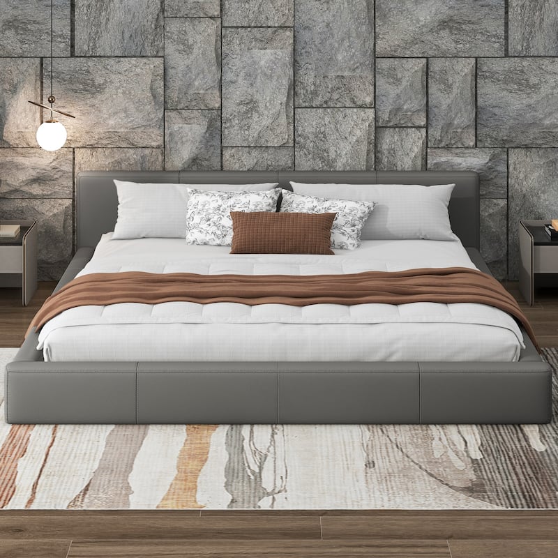 Faux Leather Upholstered Floor Bed Frame with Wood Slats Support
