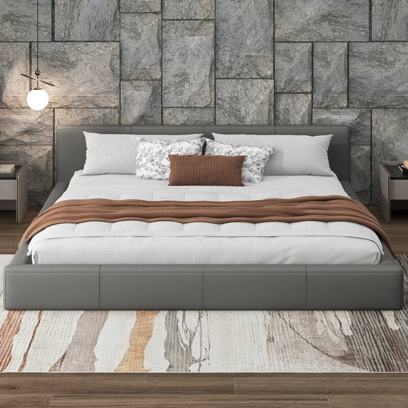 Grounded Bed Faux Leather Low Profile Bed w3 Central Support Legs